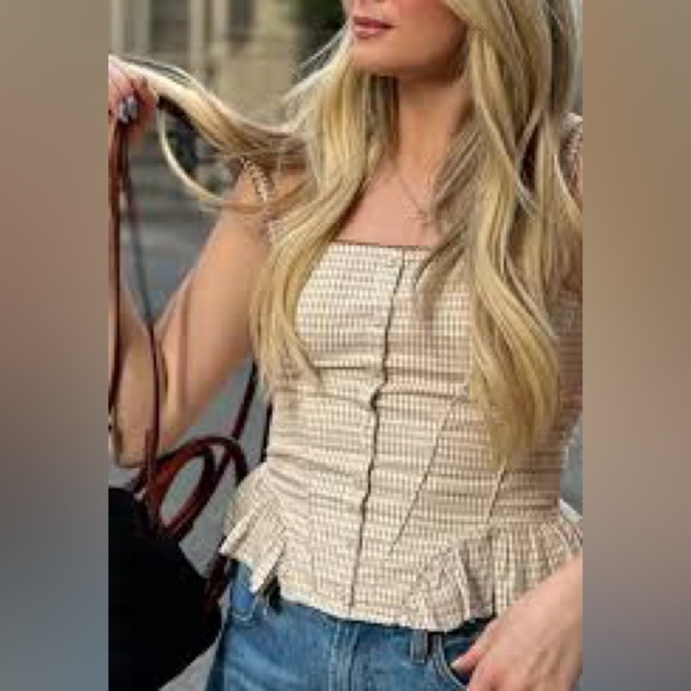Zara women top xxl 2x Gingham checker Print Peplum embroidered cream brown NWT